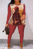 Brown Casual Figure Print O Neck Long Sleeve Sweatshirt And Skinny Pants Two Pieces Trouser Sets