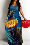 Black Halloween Pumpkin Print Backless Spaghetti Strap Floor Length Vacation Baggy Sundress Slip Maxi Dress