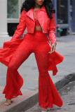 Red Lace Ruffle Trim Casual See-Through High Waist Skinny Flare Leg Pants