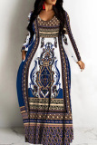 Purple Casual African Floral Print V Neck Long Sleeve Pokcets Vacation Loose Maxi Dress