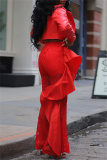 Red Lace Ruffle Trim Casual See-Through High Waist Skinny Flare Leg Pants