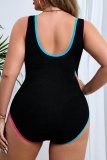 Black Sleeveless Backless U Neck One Piece Bodysuit Beach Vacation Plus Size Swimwear