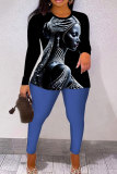 Brown Casual Figure Print O Neck Long Sleeve Sweatshirt And Skinny Pants Two Pieces Trouser Sets