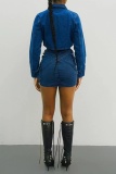 Dark Blue Casual Pocket High Waist Cross Backpack Buckle Pleated Denim Mini Skirts