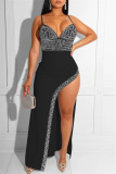White Hot Drilling Backless Sleeveless Side Slit Long Formal Evening Party Bodycon Maxi Slip Dresses