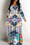 Purple Casual African Floral Print V Neck Long Sleeve Pokcets Vacation Loose Maxi Dress