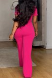 Formal Short Sleeve U Neck Buckle Office Lady Straight Leg Jumpsuits