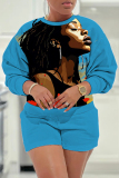 Blue Casual Figure Print O Neck Long Sleeve Sweatshirt And Shorts Shorts Sets Two Pieces