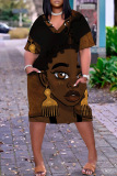 Red Figure Print V Neck Short Sleeve Loose Pockets Midi T-Shirt Dress