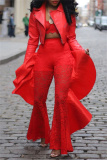Red Lace Ruffle Trim Casual See-Through High Waist Skinny Flare Leg Pants