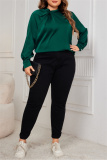Dark Green Hollow Out O Neck Long Sleeve Formal Office Lady Plus Size Blouse Top