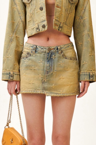 Yellow Jacquard Mid Waist Pockets Distressed Skinny Denim Mini Skirts