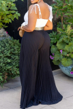 Black Casual Backless Sleeveless Ruched Ruffled Trim Spaghetti Strap Loose Pleated Wide Leg Jumpsuits