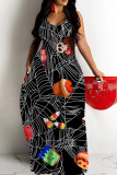 Black Halloween Pumpkin Print Backless Spaghetti Strap Floor Length Vacation Baggy Sundress Slip Maxi Dress