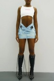 Dark Blue Casual Pocket High Waist Cross Backpack Buckle Pleated Denim Mini Skirts