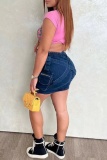 Dark Blue Casual Pocket High Waist Cross Backpack Buckle Pleated Denim Mini Skirts