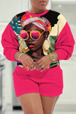 Purple Casual Figure Print O Neck Long Sleeve Sweatshirt And Shorts Shorts Sets Two Pieces