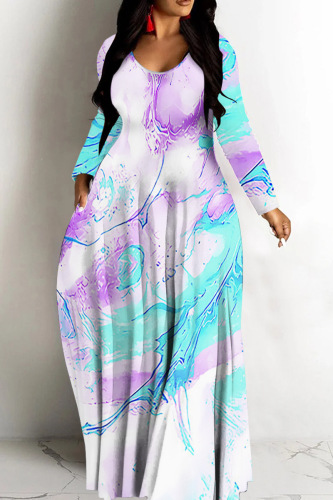 Purple Casual African Floral Print V Neck Long Sleeve Pokcets Vacation Loose Maxi Dress