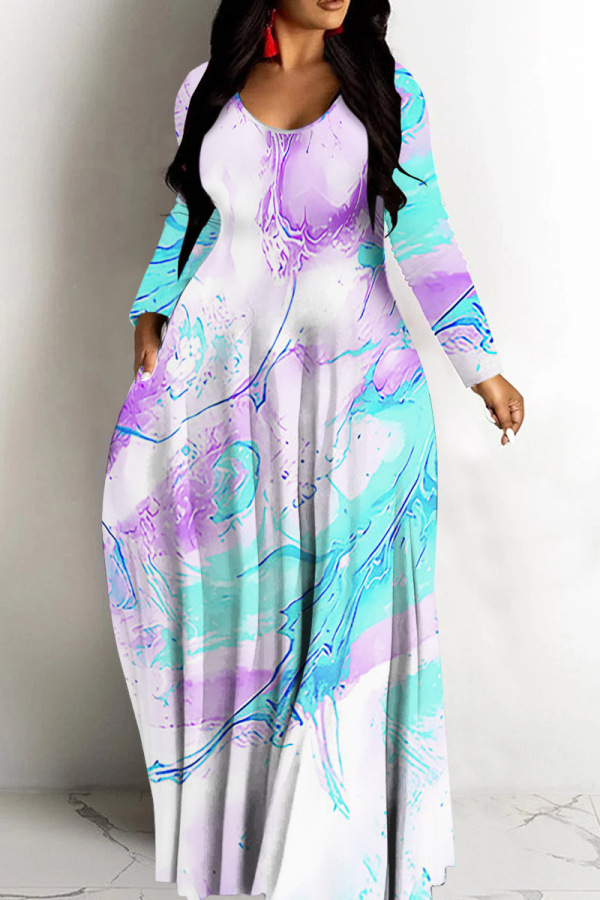 Purple Casual African Floral Print V Neck Long Sleeve Pokcets Vacation Loose Maxi Dress