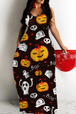 Black Halloween Pumpkin Print Backless Spaghetti Strap Floor Length Vacation Baggy Sundress Slip Maxi Dress