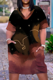 Red Figure Print V Neck Short Sleeve Loose Pockets Midi T-Shirt Dress