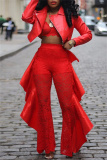 Red Lace Ruffle Trim Casual See-Through High Waist Skinny Flare Leg Pants
