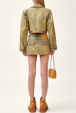 Yellow Jacquard Mid Waist Pockets Distressed Skinny Denim Mini Skirts