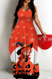 Black Halloween Pumpkin Print Backless Spaghetti Strap Floor Length Vacation Baggy Sundress Slip Maxi Dress