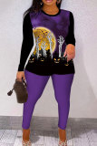 Orange Halloween Casual Print O Neck Long Sleeve Sweatshirt And Skinny Pants Two Pieces Trouser Sets