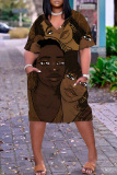 Red Figure Print V Neck Short Sleeve Loose Pockets Midi T-Shirt Dress