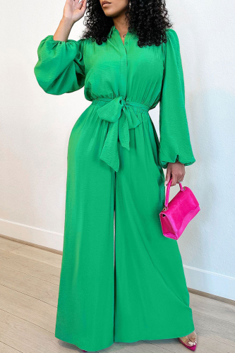 Green Turndown Collar Long Sleeve Buckle With Belt Loose Formal Office Lady Vacation Wide Leg Jumpsuits
