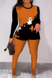 Orange Halloween Casual Print O Neck Long Sleeve Sweatshirt And Skinny Pants Two Pieces Trouser Sets