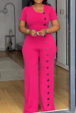 Formal Short Sleeve U Neck Buckle Office Lady Straight Leg Jumpsuits