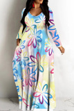 Purple Casual African Floral Print V Neck Long Sleeve Pokcets Vacation Loose Maxi Dress