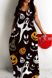Black Halloween Pumpkin Print Backless Spaghetti Strap Floor Length Vacation Baggy Sundress Slip Maxi Dress