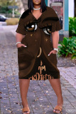 Multicolor Casual Graphics Print Basic V Neck Short Sleeve Loose Pockets Midi T-Shirt Dress