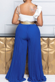 Black Casual Backless Sleeveless Ruched Ruffled Trim Spaghetti Strap Loose Pleated Wide Leg Jumpsuits