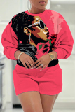 Blue Casual Figure Print O Neck Long Sleeve Sweatshirt And Shorts Shorts Sets Two Pieces
