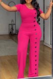 Formal Short Sleeve U Neck Buckle Office Lady Straight Leg Jumpsuits