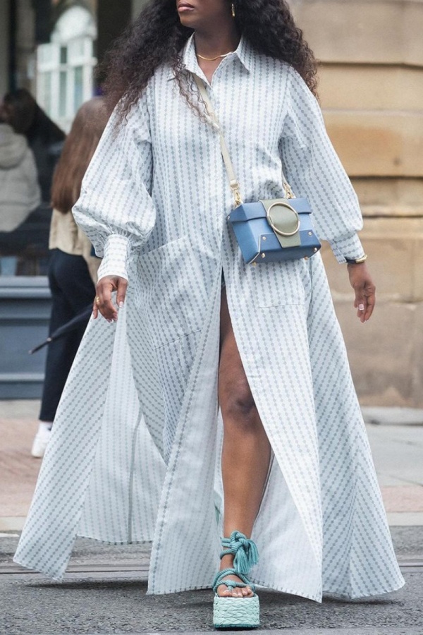 White Casual Stripe Print Buttons Turndown Collar Long Sleeve Vacation Plus Size Maxi Shirt Dresses
