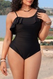 Black Sleeveless Backless Ruffle Trim One Piece Bodysuit Beach Vacation Plus Size Swimwear