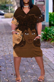 Multicolor Casual Graphics Print Basic V Neck Short Sleeve Loose Pockets Midi T-Shirt Dress