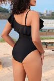 Black Sleeveless Backless Ruffle Trim One Piece Bodysuit Beach Vacation Plus Size Swimwear