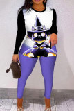 Orange Halloween Casual Print O Neck Long Sleeve Sweatshirt And Skinny Pants Two Pieces Trouser Sets