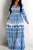 Purple Casual African Floral Print V Neck Long Sleeve Pokcets Vacation Loose Maxi Dress