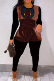 Brown Casual Figure Print O Neck Long Sleeve Sweatshirt And Skinny Pants Two Pieces Trouser Sets