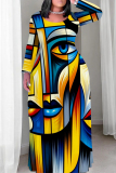Multicolor Casual Face Print O Neck Long Sleeve Straight Loose Vacation Plus Size Maxi Dresses