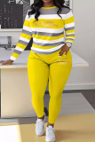 Claret Stripe Print O Neck Long Sleeve Oversize Sweatshirt And Skinny Pants Sportwear Casual Two Pieces Sweatpant Sets
