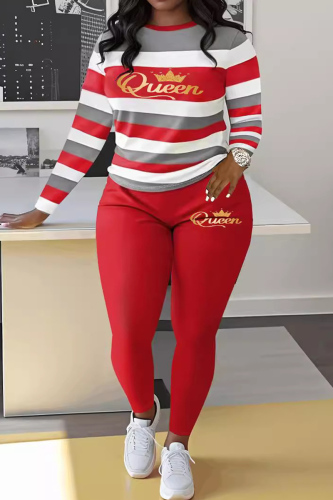 Claret Stripe Print O Neck Long Sleeve Oversize Sweatshirt And Skinny Pants Sportwear Casual Two Pieces Sweatpant Sets