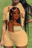 White Casual Figure Print O Neck Short Sleeve Oversize T-Shirt And Shorts Two Pieces Shorts Sets